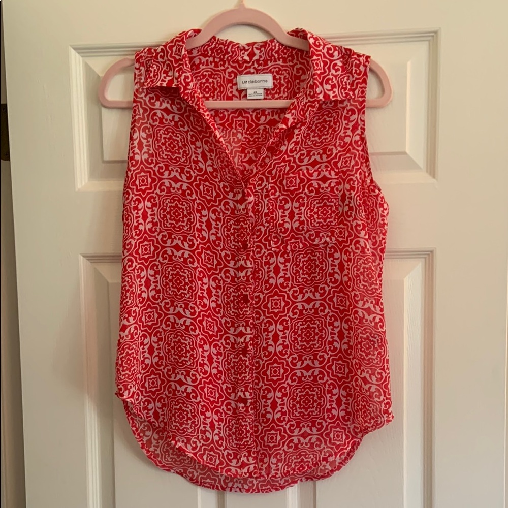 Liz Claiborne Red Button Down Blouse with Notched Collar